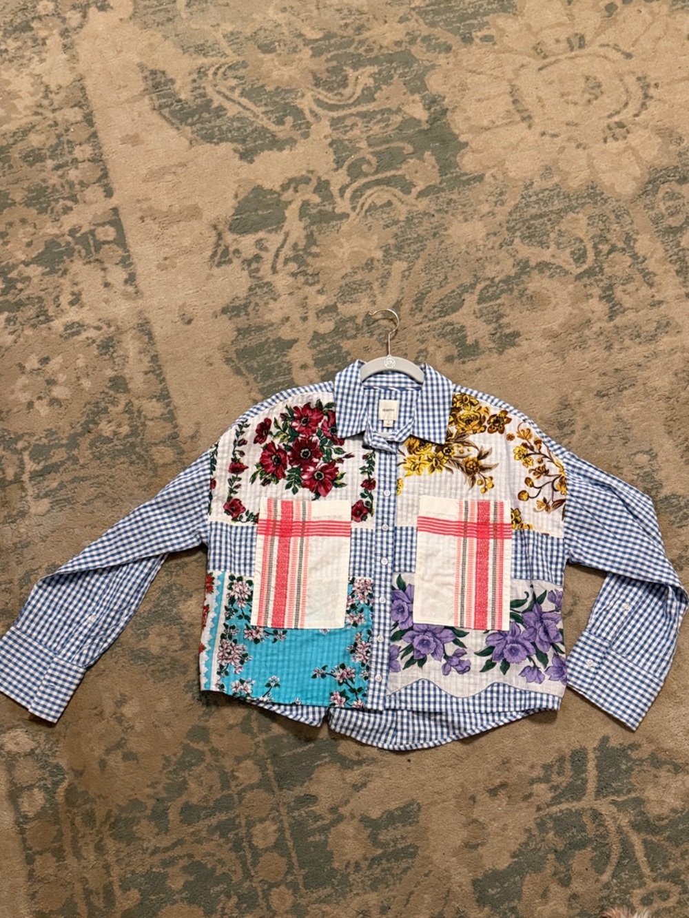 Anthropologie Patchwork Button-Up Shirt in Blue, Pink, Purple, Yellow